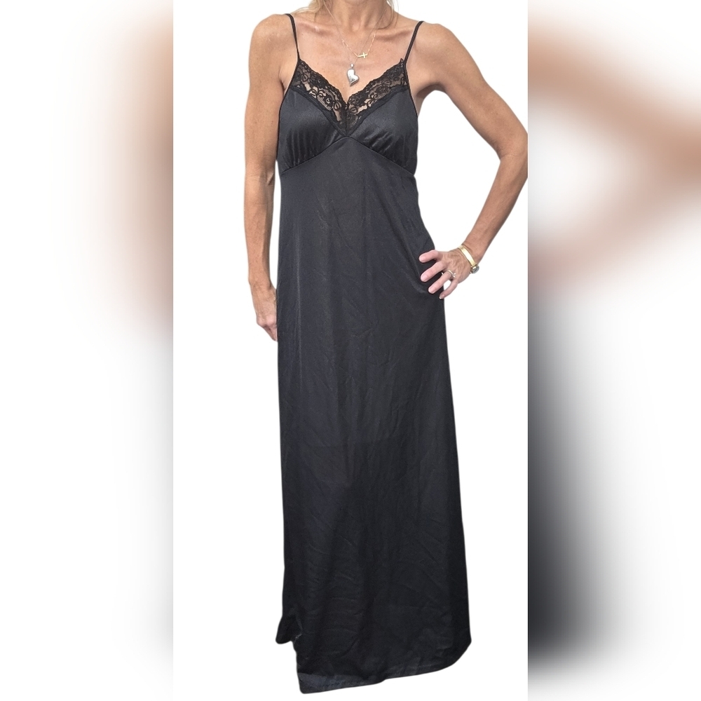 Vintage 80s Sears Black Lace Nylon Slip Nightgown Maxi Dress M